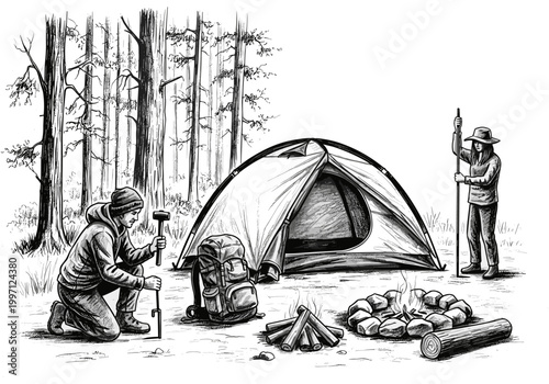 Campers setting up a tent and campfire in a forest clearing