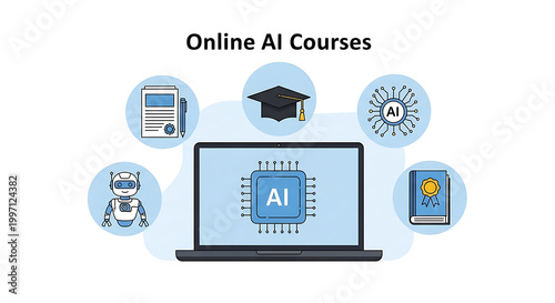 Online courses displayed on a laptop with icons around it showing education and technology