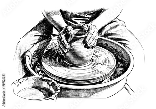 Hands shaping clay on a pottery wheel in a detailed sketch style