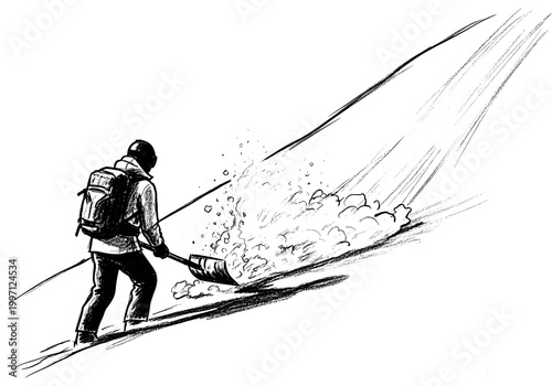 Skier with backpack shoveling snow on a steep slope, dynamic action