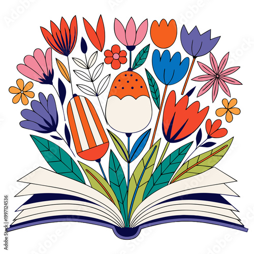 Open book with colorful stylized flowers and leaves growing from its pages symbolizes knowledge blossoming and imagination.