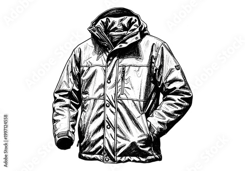 Detailed ink sketch of a modern hooded winter jacket with pockets and zippers