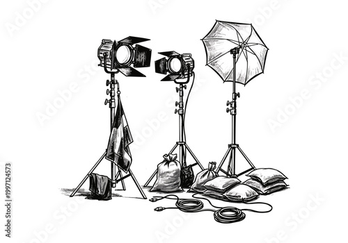 Illustration of professional film lighting equipment set up for a shoot