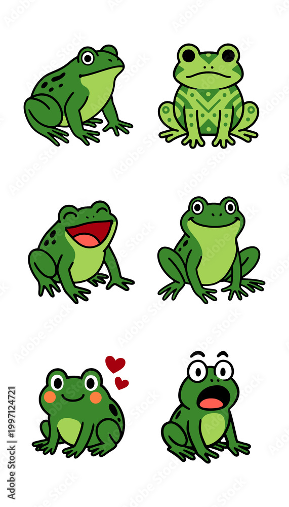 Fototapeta premium Cute Cartoon Frog Character Collection, Funny Green Frog Set with Different Expressions Happy Love Surprise Vector Illustration