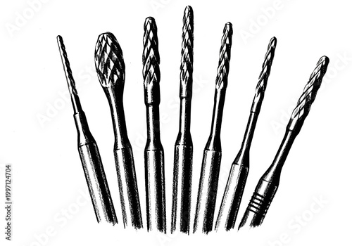 Collection of various dental burs and drills arranged in a fan shape on a white background