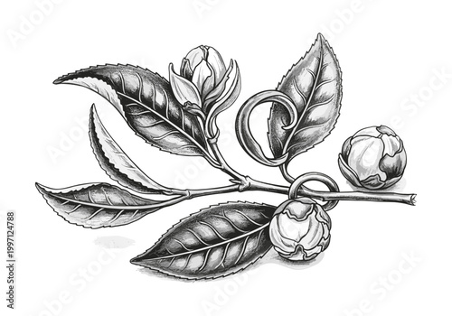 Detailed illustration of tea plant branch with leaves and buds in monochrome
