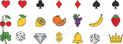 Casino and Lucky Symbols Icon Set Featuring Card Suits, Dice, Crown, Bell, Dollar, Gem and Fruit Elements for Gambling and Game Design.