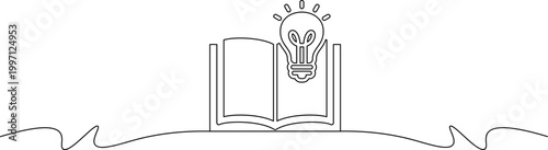 A minimalist line drawing of an open book with a lightbulb above it, symbolizing knowledge and inspiration.