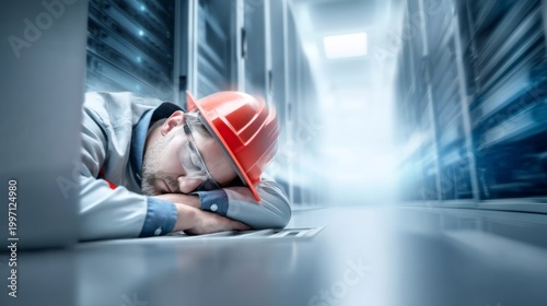 Technician Asleep in Data Center Among Servers and Equipment
