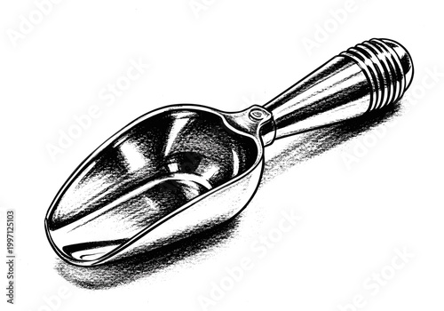 Detailed illustration of a shiny metal ice cream scoop with a ribbed handle