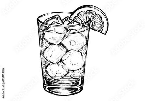 Refreshing glass of iced beverage with lemon slice and bubbles