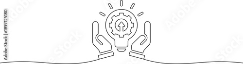 A minimalist line drawing of hands cradling a lightbulb with a gear inside, symbolizing innovation and creativity.