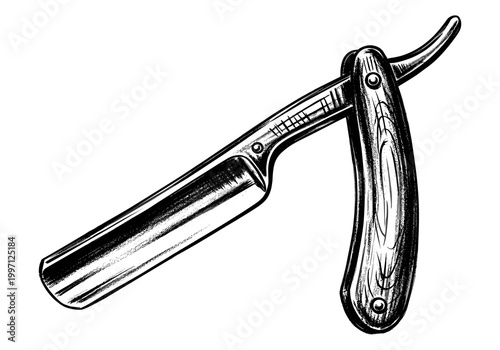 Vintage straight razor with wooden handle, a classic barber tool illustration