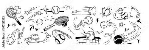 Vector doodle tennis sport ball trajectory bounce with motion line effects. Hand drawn squash racket, net, posts outline icons with flying, bouncing and spinning movement. Sketch playing equipment