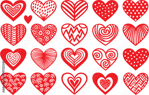 Collection of diverse red hearts with various patterns and textures, symbolizing love and affection