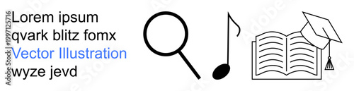 Education, learning, research, knowledge acquisition, academia, teaching. Black and white icons of a magnifying glass, open book with a graduation cap and musical note. Education and learning