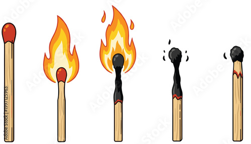 Vector illustration set showing the stages of a burning matchstick from new to lit and finally burnt out for fire safety concepts