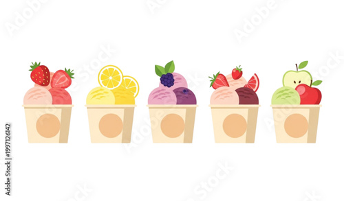 Fruit ice cream cup collection with strawberry lemon berry and apple scoops vector set