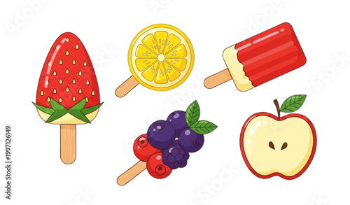 Creative fruit shaped ice cream set with strawberry lemon berry and apple frozen treats vector