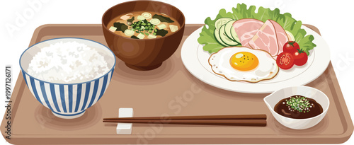 Traditional Japanese breakfast set vector illustration featuring steamed rice miso soup fried egg ham salad and dipping sauce on a wooden tray.