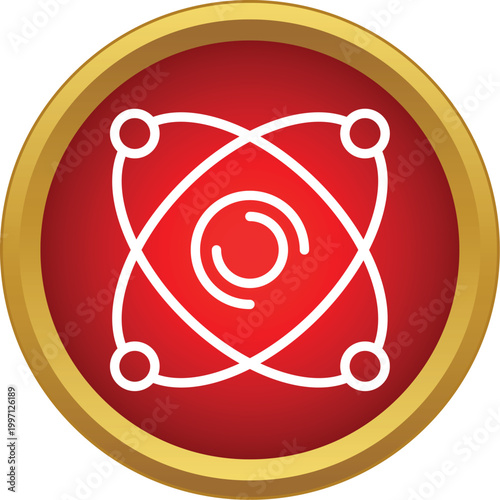 Atom model with electrons orbiting a nucleus in a red and gold circle icon