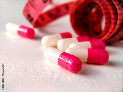 Pink and white capsules are scattered on a white surface. In the background, a red measuring tape is coiled, suggesting a dieting or health theme. 