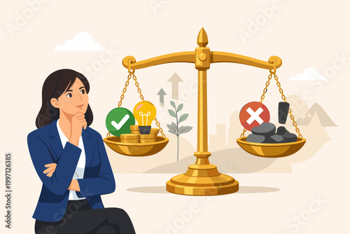 Businesswoman in a suit contemplating pros and cons on a balanced golden scale weighing ideas, profit, and success against risks, costs, and failures for effective strategic decision making.