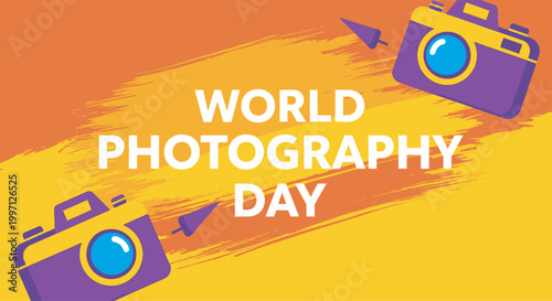 Colorful cameras with abstract brush stroke background for World Photography Day creative promotional graphic design World Photography Day