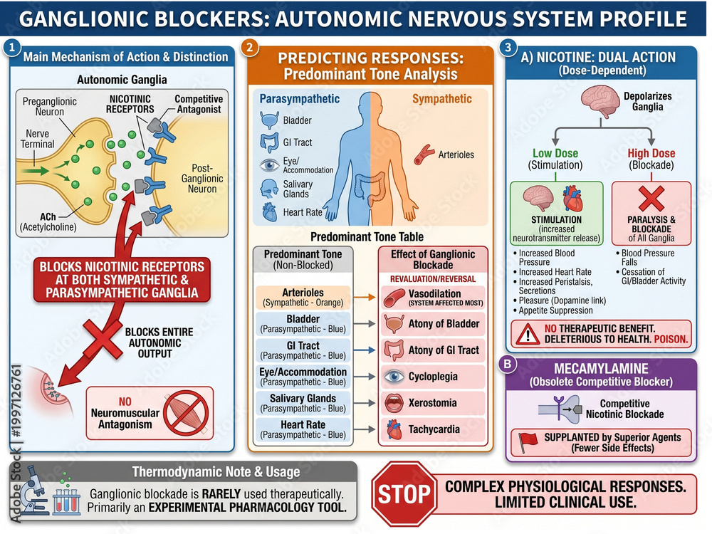 Naklejka premium Infographic on ganglionic blockers, outlining the autonomic nervous system profile, predicting responses, and detailing nicotine's dual action with detailed scientific diagrams.