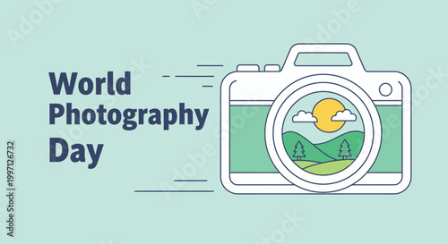 Linear outline of a camera showing a landscape scene with sun and trees for World Photography Day simple vector illustration World Photography Day