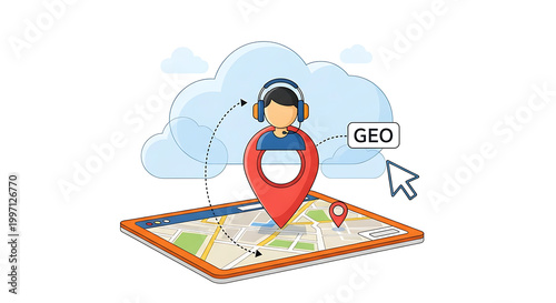 Person wearing headset standing on map with cloud and cursor
