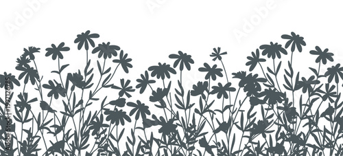Border with silhouettes of flowers, leaves and herbs. Abstract flat floral frame, nature background. Vector illustration	