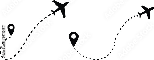 Airplane flight path with map pins and dotted line representing travel route and destination tracking in vector style.