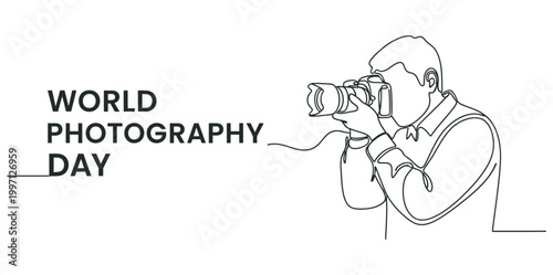 Continuous single line drawing of photographer holding camera for World Photography Day celebration concept vector art World Photography Day