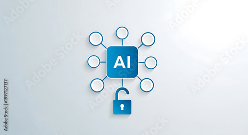 A futuristic AI system with a padlock is shown in a technological network.