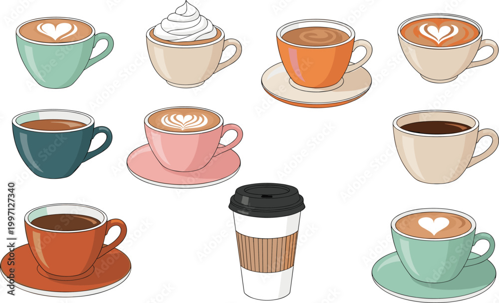 Obraz premium Coffee Cup Illustration Set Featuring Latte Art, Cappuccino, Espresso and Takeaway Coffee with Ceramic Mugs for Cafe and Beverage Design.