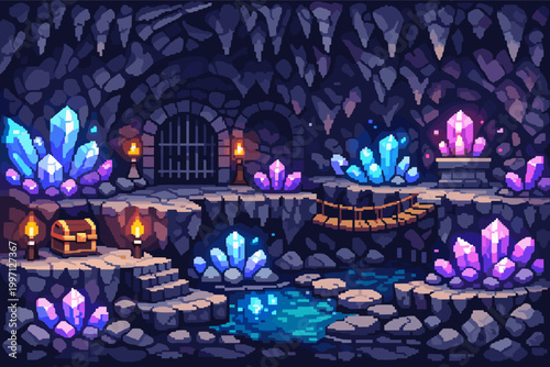 Pixel Art Fantasy Crystal Cave Dungeon Background Vector Illustration with Glowing Blue and Purple Crystals, Treasure Chest, Torches, Stone Gate, and Wooden Bridge for Retro Video Game Level Design