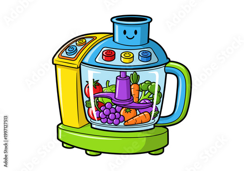 Cute cartoon food processor filled with colorful fruits and vegetables