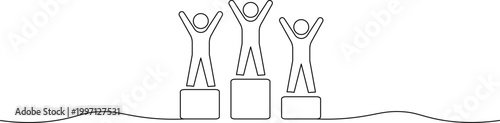 Three stick figures standing on podiums with their arms raised in victory