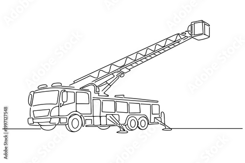 Single Continuous Line Drawing of a Specialized Fire Engine with an Extendable Aerial Ladder and Rescue Bucket, Minimalist Vector Art of an Emergency Vehicle for Firefighting and Rescue Work.