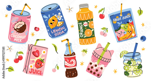 Cute colorful vector set of summer drinks. Soda cans, juice boxes, fruit juice, milk, bubble tea and cocktails. Trendy hand-drawn style, perfect for stickers, packaging, branding and social media