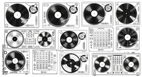 DJ Turntables and Vinyl Records Collection.