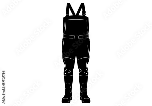 Black silhouette of fishing waders with boots and suspenders on white background