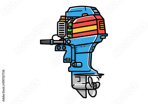 Stylized outboard motor with propeller and colorful accents