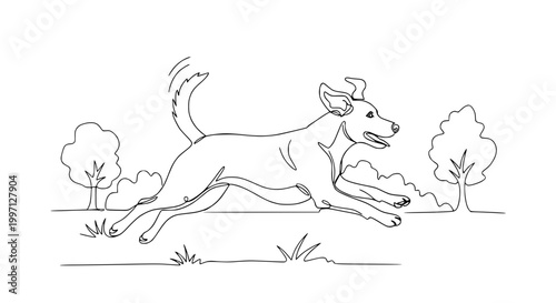 Happy dog running in a park, line art illustration, joyful pet, energetic canine, outdoor activity