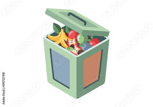 Green compost bin overflowing with fruit scraps and organic waste for recycling