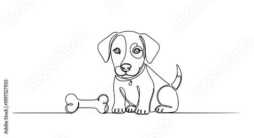 Continuous Line Drawing of a Cute Puppy with a Bone