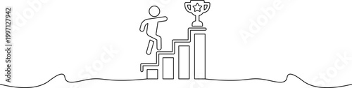 A person striving for success by climbing up the steps to reach a trophy