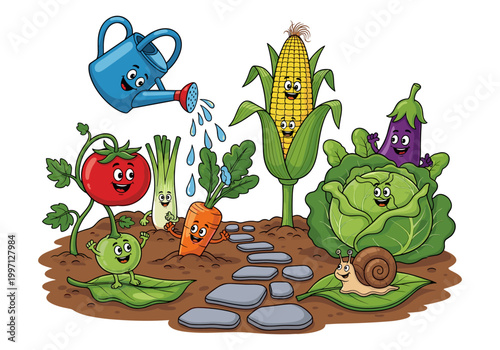Happy cartoon vegetables growing in a garden with a watering can and snail