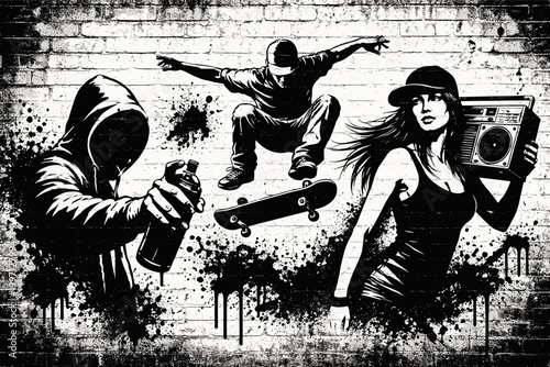 Urban graffiti stencil art on a brick wall featuring a hooded spray painter, a skateboarder in mid-air, and a woman with a boombox in a high contrast black and white grunge street art style.